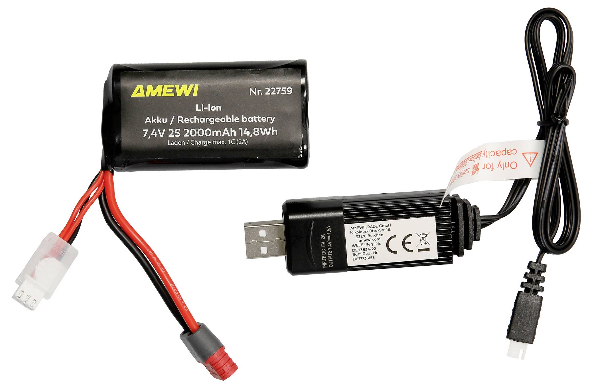 Lithium-ion oplaadbare batterijpack met rood/zwarte draad en witte connector, plus USB-oplaadkabel met micro-USB-stekker, getoond op witte achtergrond.