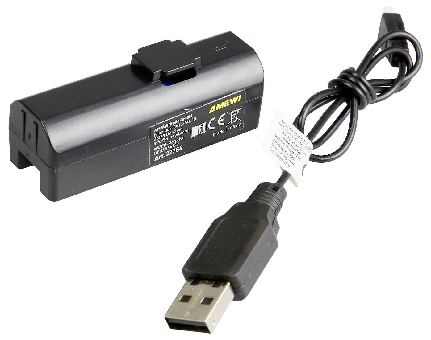 Zwarte oplaadbare batterijset met aangesloten USB-oplaadkabel en connector, weergegeven op een witte achtergrond.