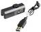 Zwarte oplaadbare batterijset met aangesloten USB-oplaadkabel en connector, weergegeven op een witte achtergrond.