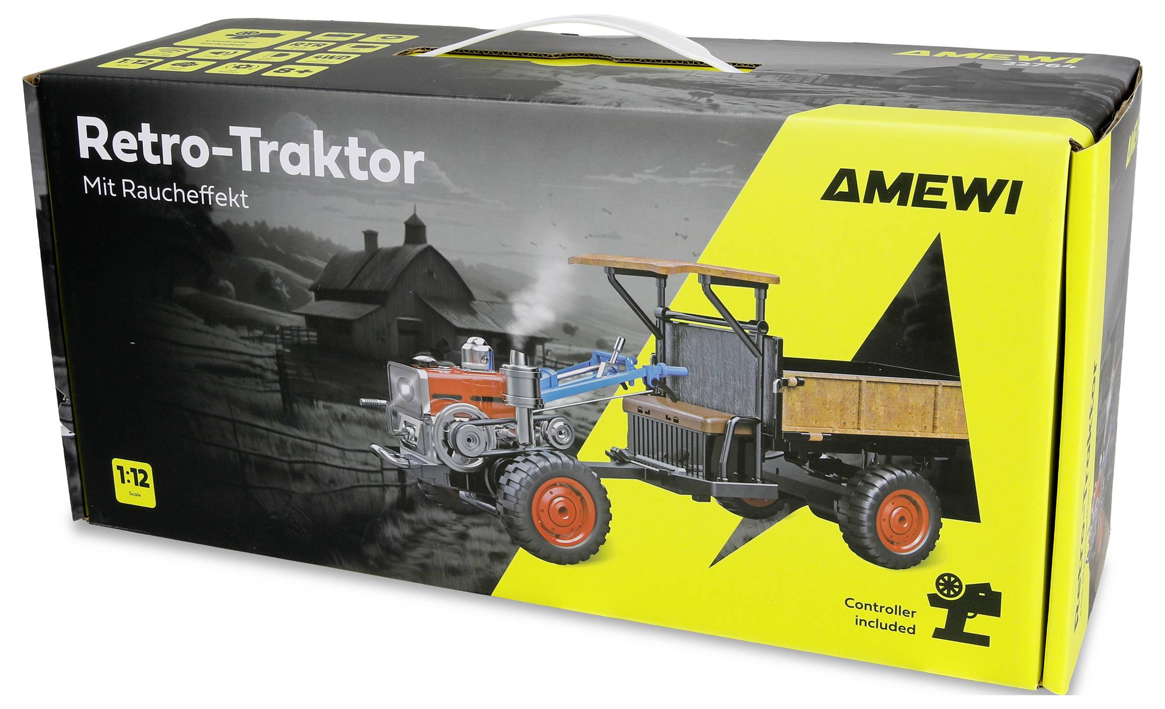 AMEWI 'Retro-Traktor' speelgoeddoos met een 1:12 tractor met aanhanger, rookseffect en controller inbegrepen.