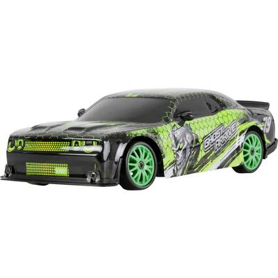 Zwart en neongroen speelgoedracer met 'Ghost Machine' racegraphics en felle groene wielen, weergegeven op een witte achtergrond.