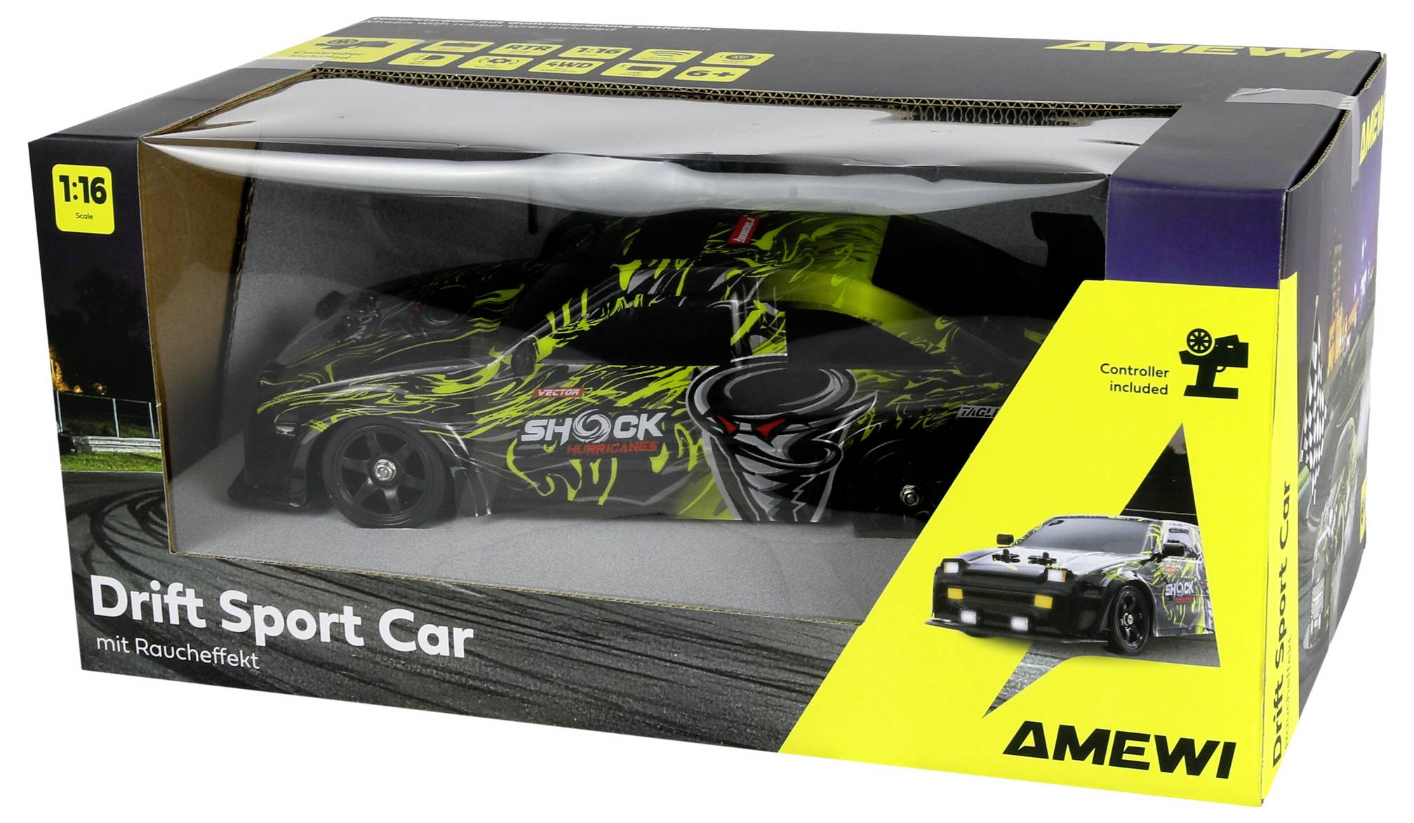 In doos verpakte AMEWI 1:16 Drift Sport Car speelgoedauto met afstandsbediening, zichtbaar door het pakketvenster en met het label 'Controller inbegrepen'.