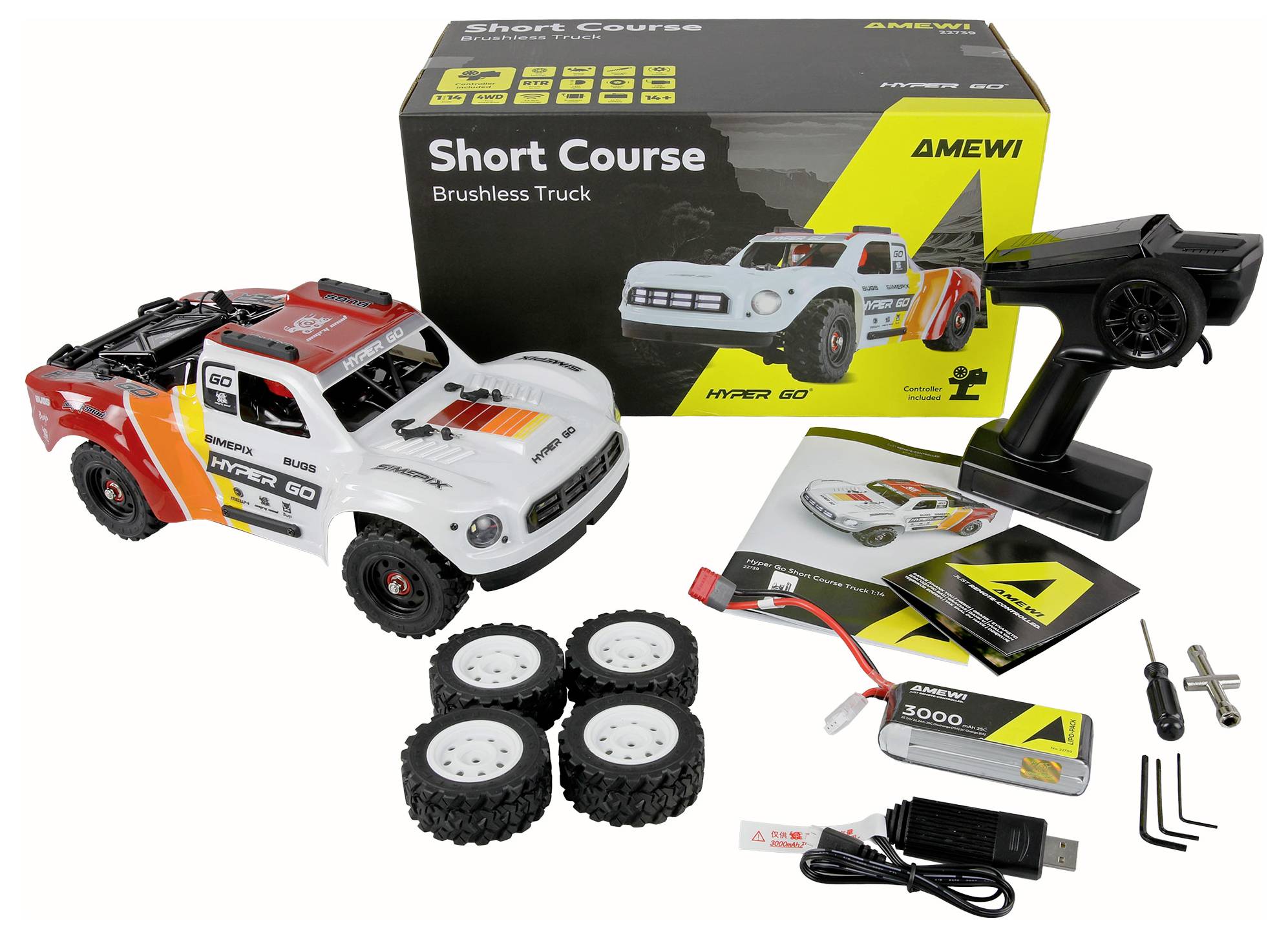 AMEWI Short Course Brushless Truck RC kit met truck, doos, wielen, batterij, lader, afstandsbediening onderdelen en gereedschap inbegrepen.
