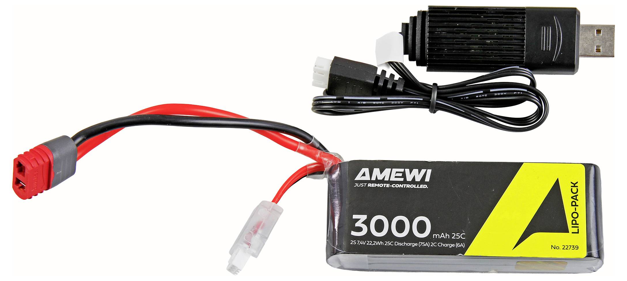 AMIWI 3000 mAh LiPo accu met rode connector en USB oplaadkabel weergegeven op een witte achtergrond