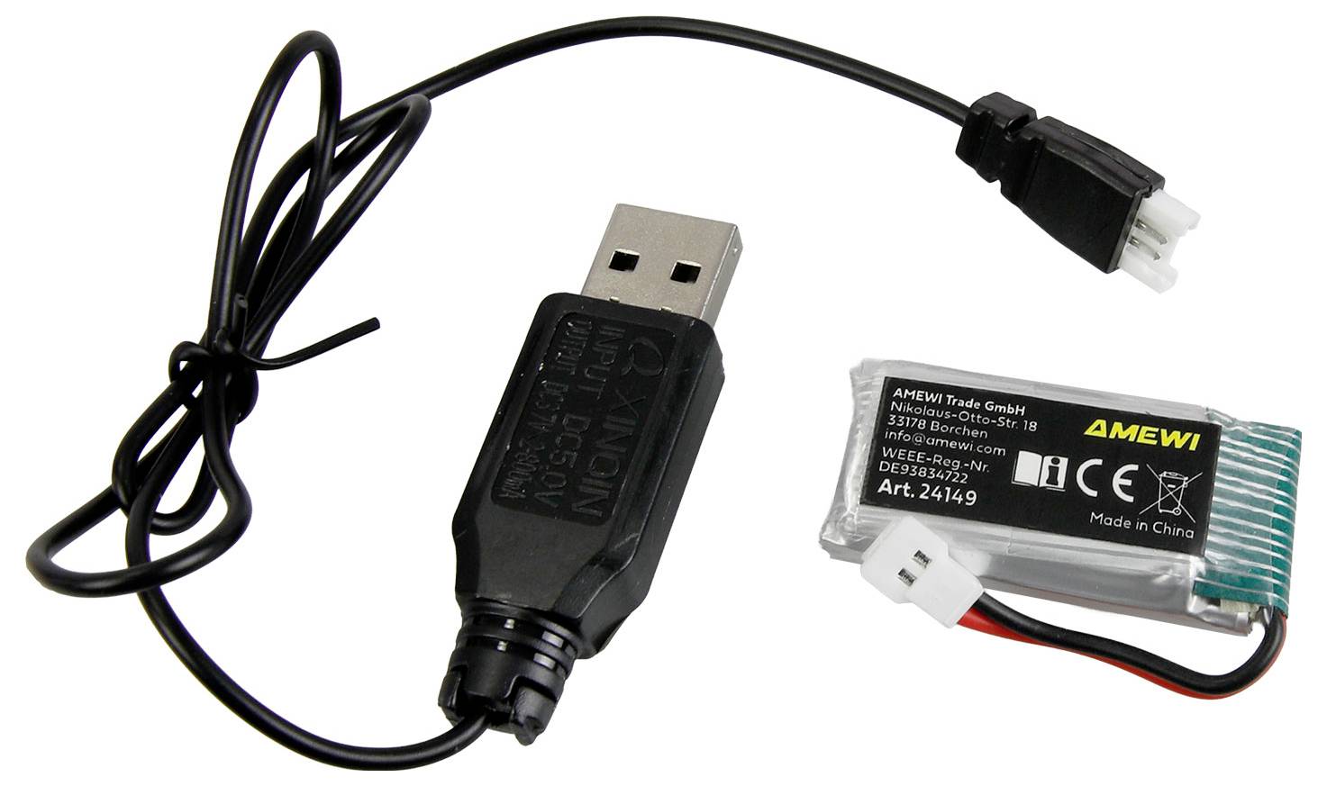 USB-kabel met een zwarte USB-stekker en kleine witte connector, samen met een compacte batterijpack gelabeld AMEWI Trade GmbH