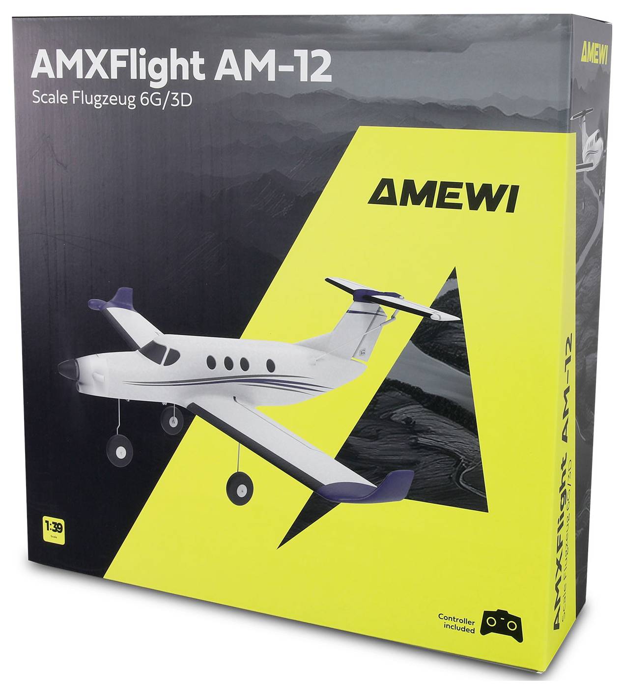 Doos voor AMXFlight AM-12 schaalmodel vliegtuig, met een wit AMEWI vliegtuig op een geel-zwart pakket; de tekst zegt 'Scale Flugzeug 6G/3D' en 'Controller inbegrepen'.