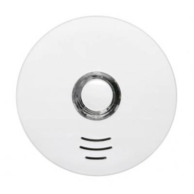 Wit rond apparaat met een centraal gat en drie gebogen zwarte lijnen eronder, weergegeven op een eenvoudige achtergrond.