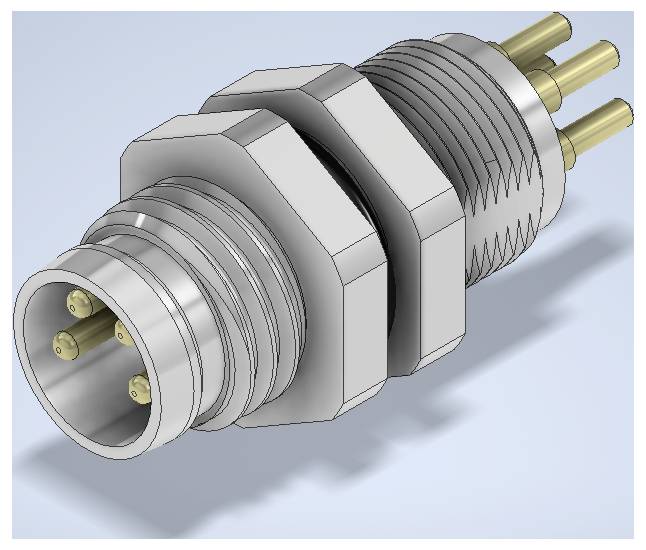 Close-up van een metalen ronde elektrische connector met draadlichaam, zeskantige moer en vier gouden pennen zichtbaar aan elk uiteinde.