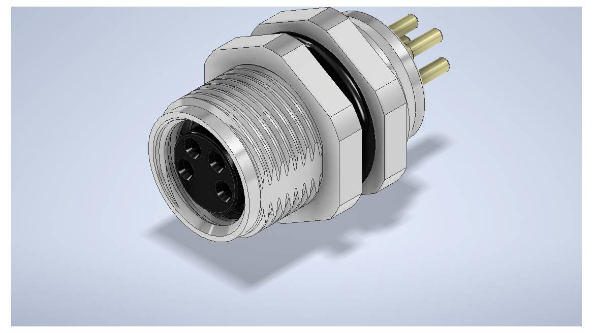Metalen ronde elektrische connector met schroefdraad aan de voorkant en drie gouden pennen aan de achterkant, weergegeven in 3D op een lichtblauwe achtergrond.