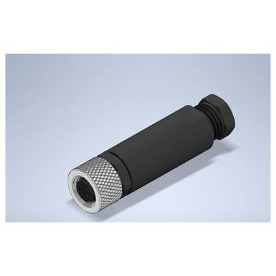 3D-rendering van een zwarte cilindrische kabelconnector met een geribbelde zilveren metalen uiteinde en een gethreade achterkap op een lichtblauwe achtergrond.