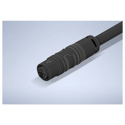Close-up van een zwarte ronde kabelconnector bevestigd aan een dik kabel, afgebeeld op een lichtblauwe achtergrond.