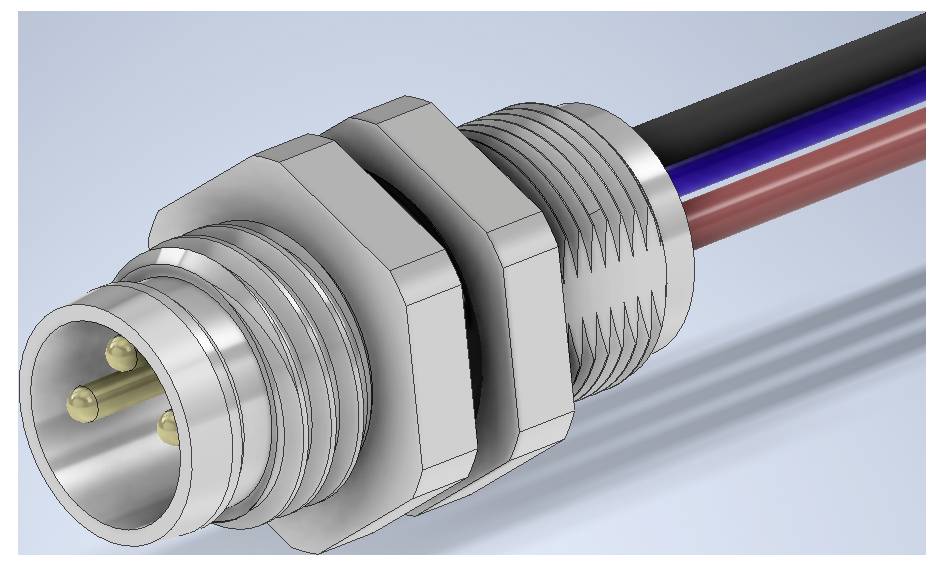Close-up van een metalen circulaire elektrische connector met schroefdraadkoppeling, met drie aangesloten draden in zwart, blauw en rood.