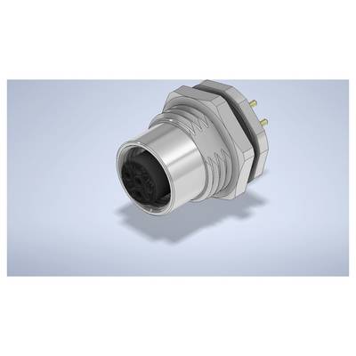 3D-weergave van een geschroefde metalen ronde aansluitingsstekker met pinnen en een zwart socket-inzetstuk op een lichtblauwe achtergrond