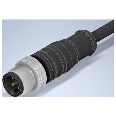 Close-up van een waterdichte ronde elektrische connector op een zwarte kabel, met zichtbare metalen schroefdraadkoppeling en rubberen gripvoering.