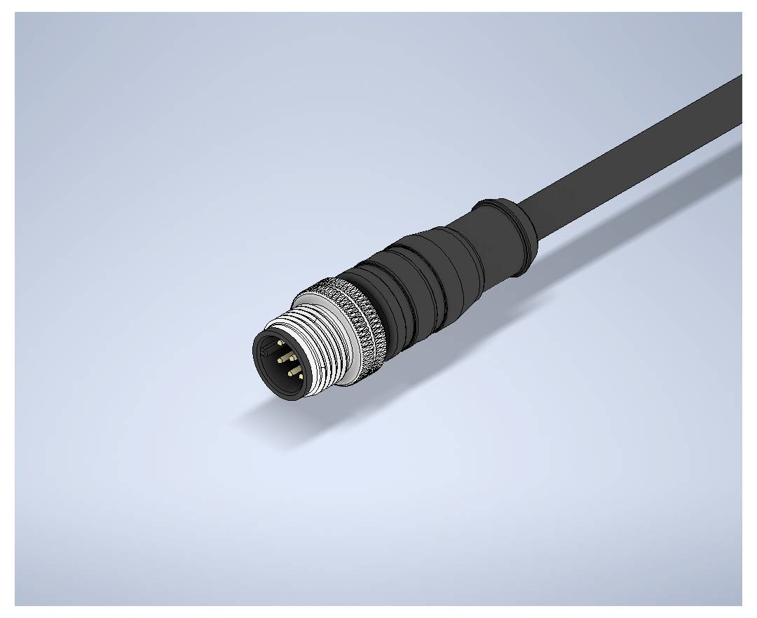 3D-weergave van een close-up van een zwarte kabel met een metalen ronde aansluitingsstekker op een lichtblauwe achtergrond.
