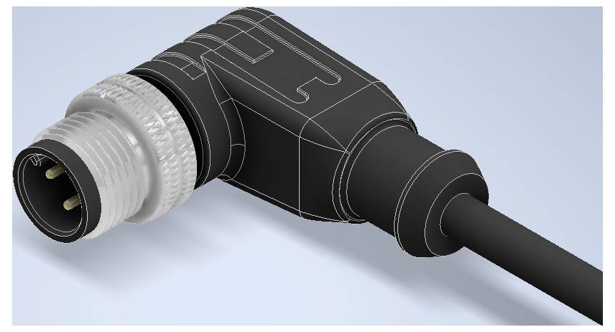 Gedetailleerde weergave van een rechthoekige elektrische connector met een draadgemetalen stekker en aangebrachte zwarte kabel op een lichtblauwe achtergrond.