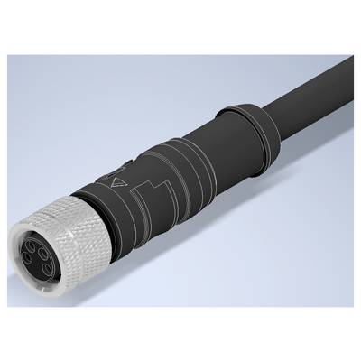 Close-up van een zwarte ronde kabelconnector met een zilveren geribbelde vergrendelingsring bevestigd aan een kabel op een lichtblauwe achtergrond.