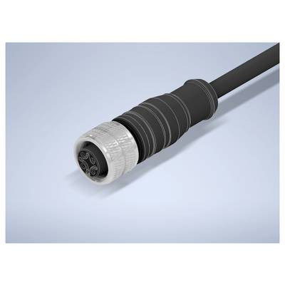 Close-up van een zwarte kabel met een zilveren ronde connectorstekker op een lichtblauwe achtergrond.