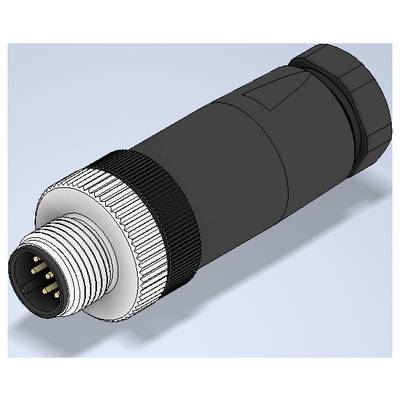 3D-weergave van een cilindrische elektrische multi-pin connector, met een schroefdraad aan de voorkant en een gerimpelde vergrendelingring op een blauwe achtergrond.