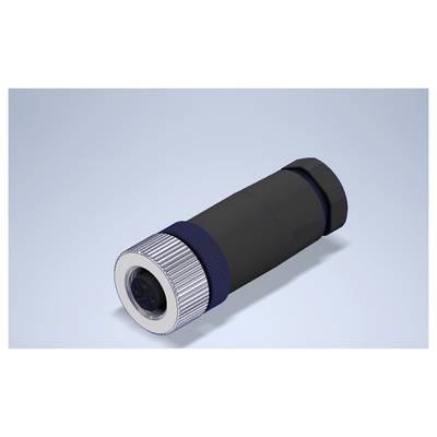 Zwarte cilindrische connector met zilveren geribbelde eindkap op een lichtblauwe achtergrond, weergegeven in 3D-perspectief.