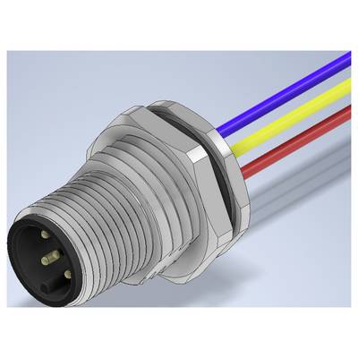 Nahaufnahme van een gewindeter runder elektrischer Stecker mit vier farbigen Drähten, die von der Rückseite ausgehen.