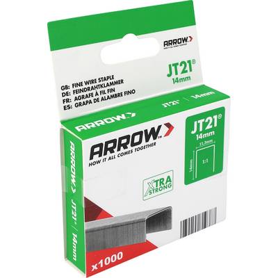Arrow JT21 14 mm fijne draadnieten doos, verpakking van 1000, getoond op een witte achtergrond.