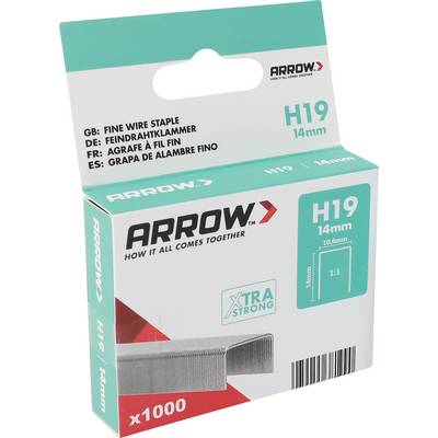 Doos Arrow H19 14mm fijne draadagrafes, gelabeld x1000, weergegeven op een witte achtergrond.