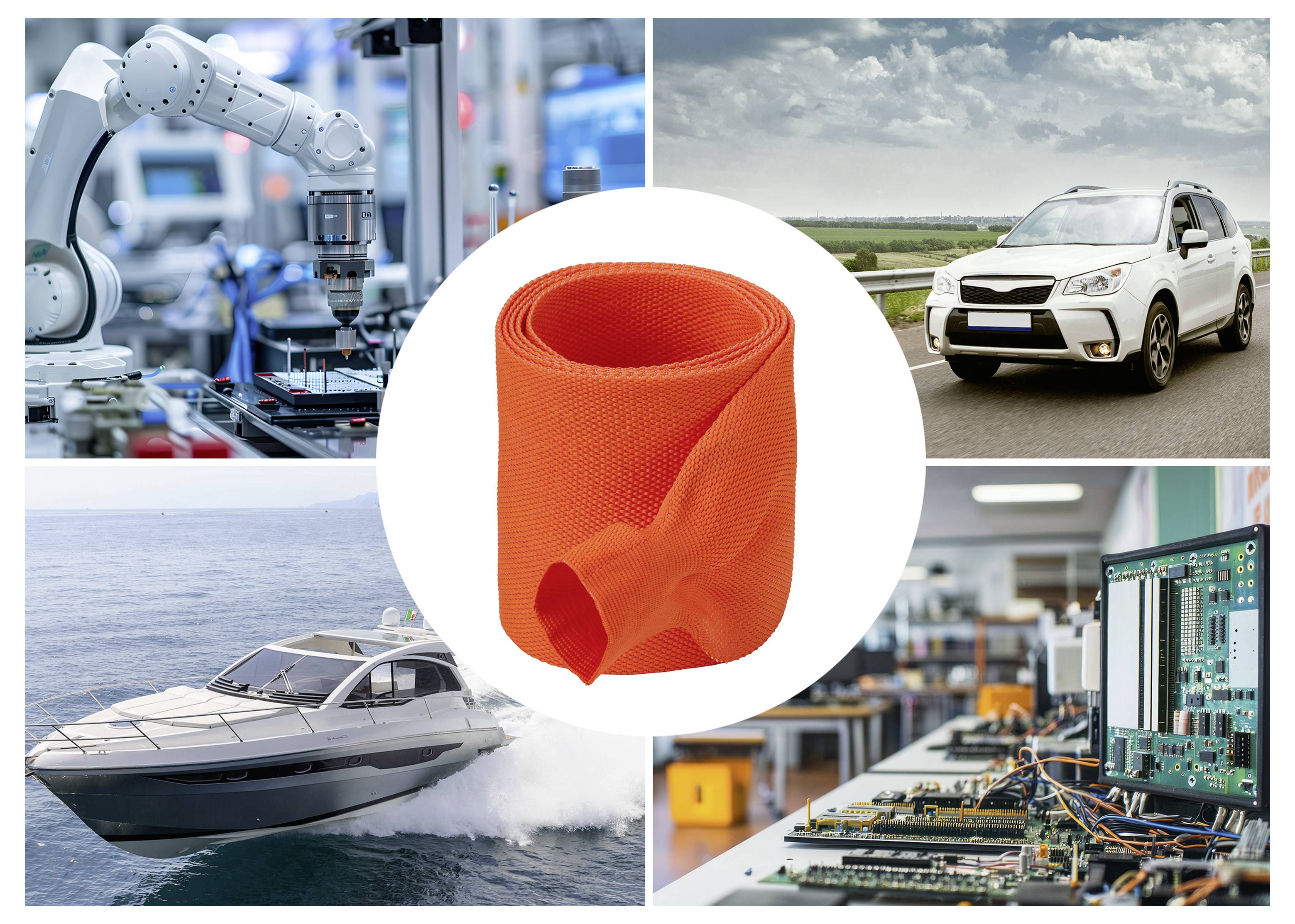 Oranje mesh filtermouwen gecentreerd over een collage van industriële robot, SUV, jacht en elektronicaassemblage, wat wijst op herbruikbaar filtratieMateriaal voor meerdere toepassingen