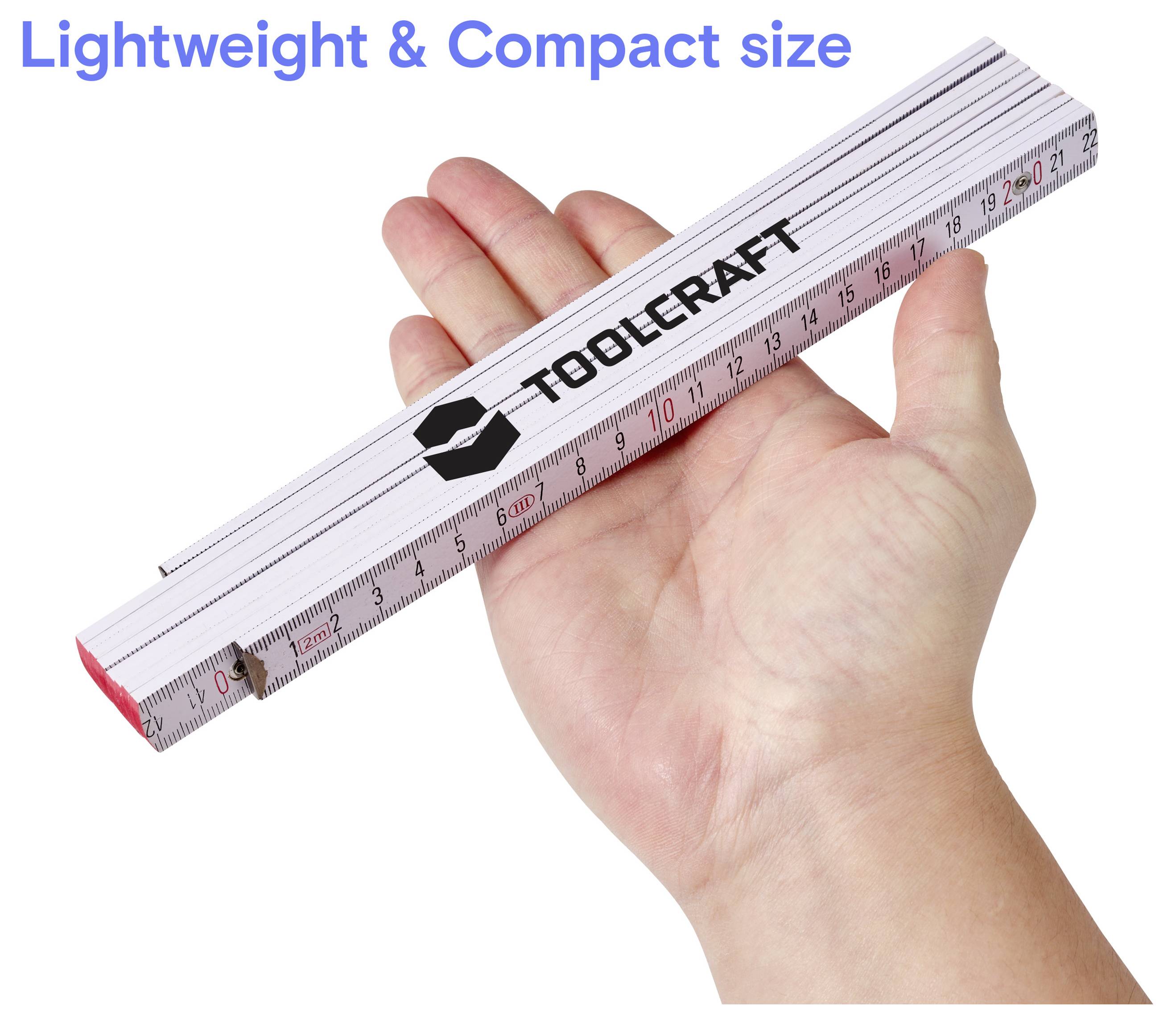 Hand die een compacte opvouwbare liniaal vasthoudt met het label 'TOOLCRAFT', met blauwe tekst 'Lightweight & Compact size' erboven.