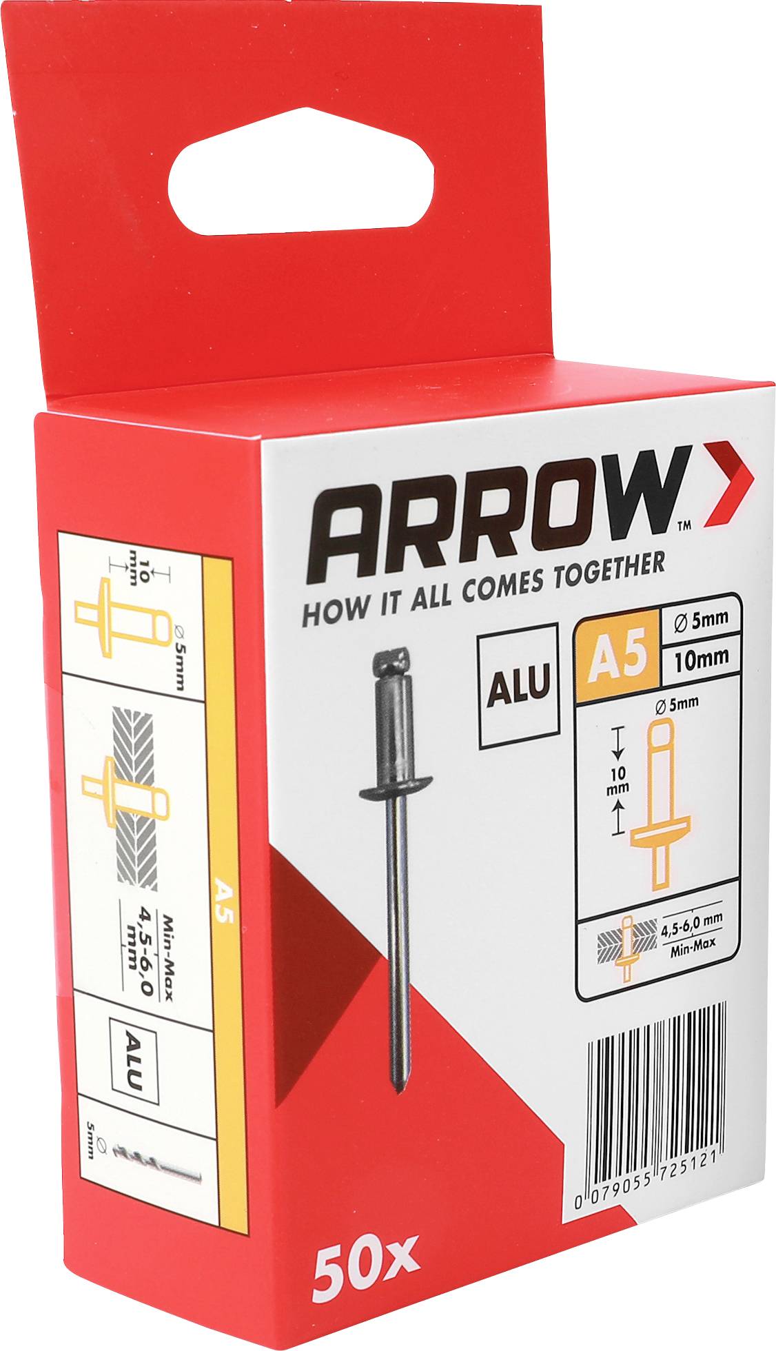 Red Arrow verpakte doos met 50 A5 5mm klinknagels, met productdiagram, aluminium etiket en barcode op de voorkant.