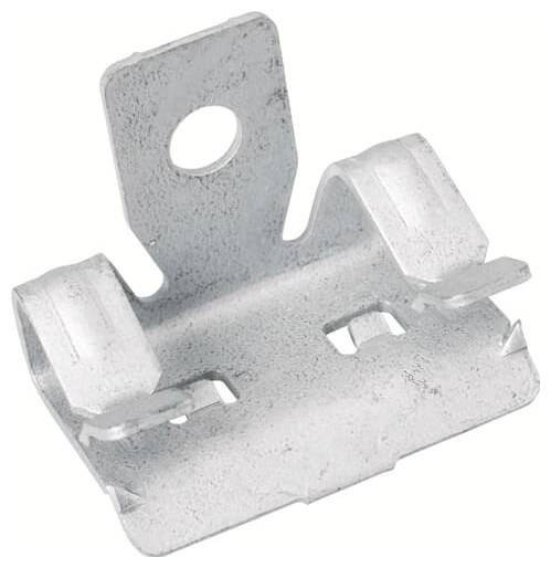 Metalen elektrische clipbeugel met een centrale bevestigingstab en twee veerachtige zijklemmen, gebruikt om een onderdeel vast te houden of te beveiligen.