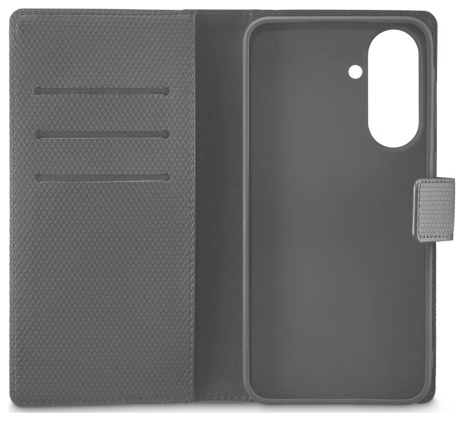 Grijze portemonnee-stijl smartphonehoes met getextureerde voorkant, drie kaartsleuven en een cameragat op de achterkant.