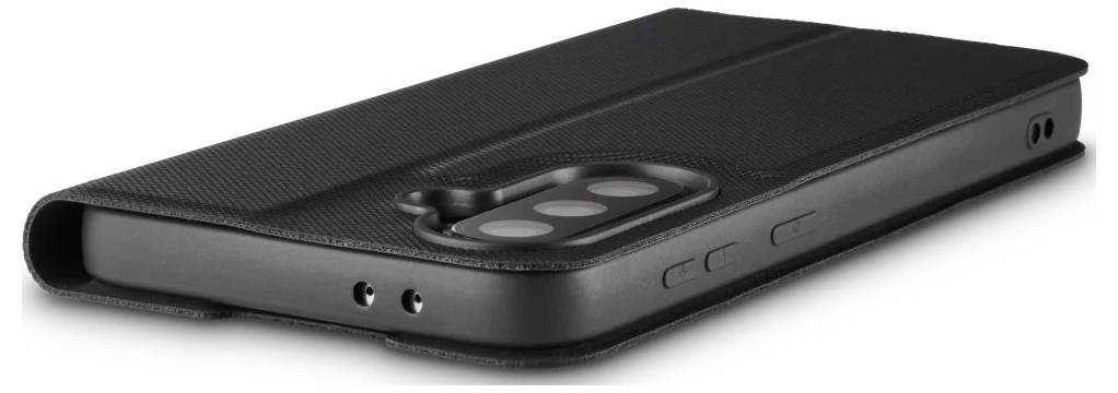 Zwart smartphonehoesje met een verhoogde camera-uitsnijding, weergegeven in zijaanzicht op een witte achtergrond.