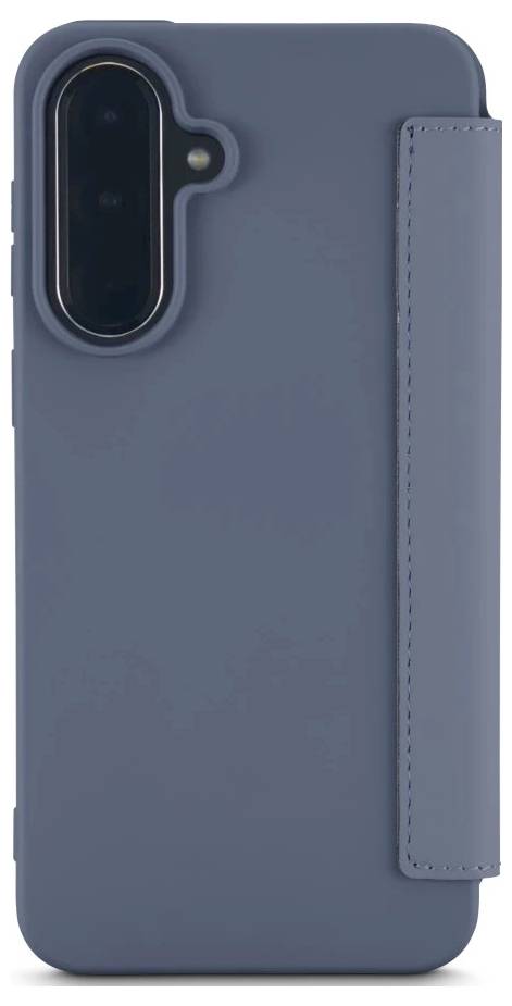 Blauwe smartphone hoesje met een verticale camerasleuf en zijbandjes op een effen witte achtergrond