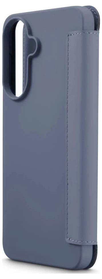 Blauwgrijs smartphonehoesje met een verticale camerautsnijding en een zijpaneel of greepflap.