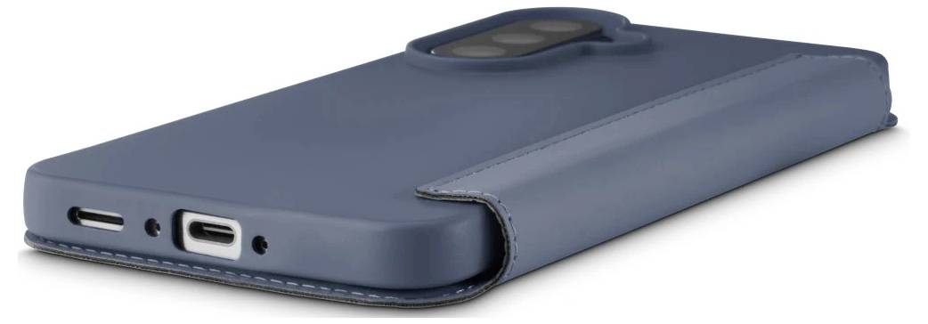Blauwe smartphonehoesje met ingebouwde oplaadpoort en camera-uitsnijding, weergegeven gesloten in een productstijlweergave.