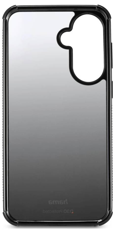 Zwart smartphonehoesje met een grote cameruitsnijding, getoond op een effen witte achtergrond.