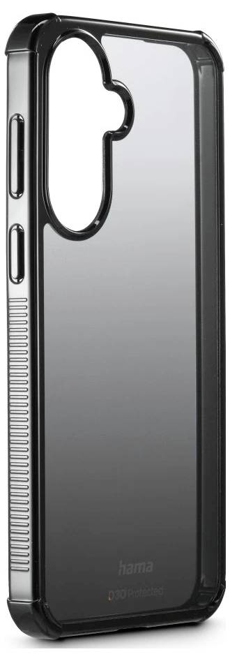 Zwarte smartphoneprotectieve hoes met glanzende achterkant en verhoogde cameraussparring, getoond op een witte achtergrond.