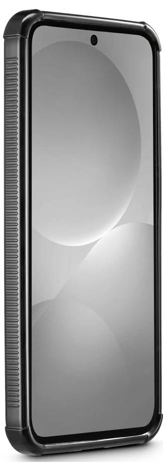Zwart robuust smartphonehoesje met een transparante achterkant en verhoogde beschermende randen, weergegeven vanuit het achteraanzicht.
