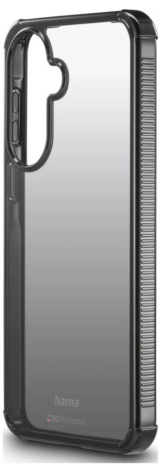 Zwart Hama smartphonehoesje met verhoogde bumperranden en gestructureerde zijgreep, weergegeven in een productachtige zijkant.