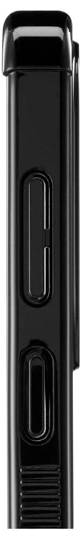 Close-up van de zijkant van een zwart handheld-apparaat, met twee verticale knoppen en een geribbelde grip aan de onderkant zichtbaar.