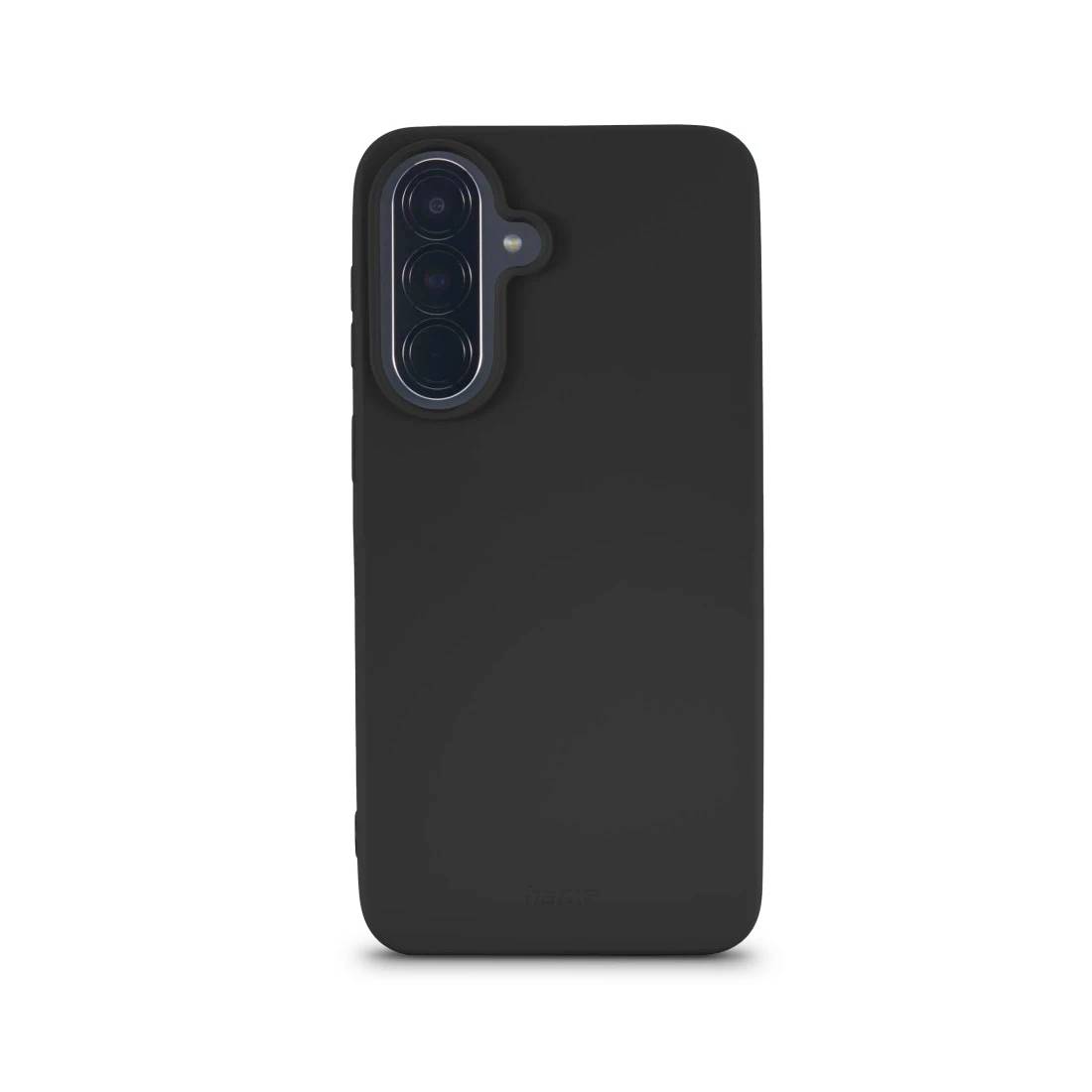 Zwarte smartphonehoesje met verhoogde camerazijde voor drie lenzen en flitser, weergegeven op een witte achtergrond.
