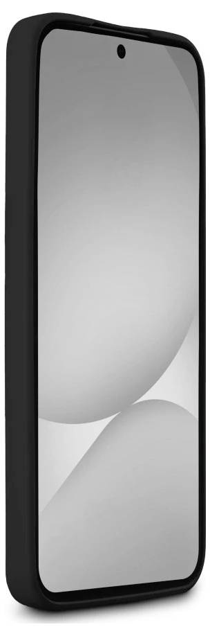 Zwarte smartphone met een leeg grijs scherm, weergegeven in een slanke beschermhoes op een witte achtergrond.