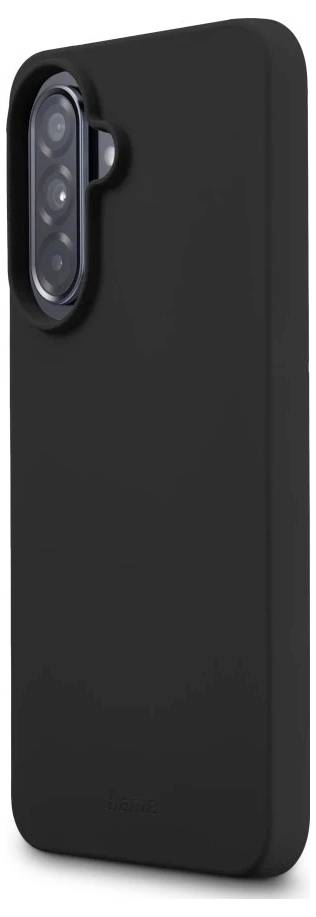 Zwart smartphonehoesje met een ovale camerasniede die een verticale triple-lens achtercameramodule toont.