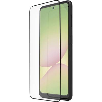 Zwarte smartphone weergegeven met een helder schermbeschermer uitgelijnd over het display op een witte achtergrond.