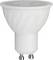 Witte LED-spotlightlamp met een brede reflectorkop en tweepins GU10-voet, geïsoleerd op witte achtergrond afgebeeld.