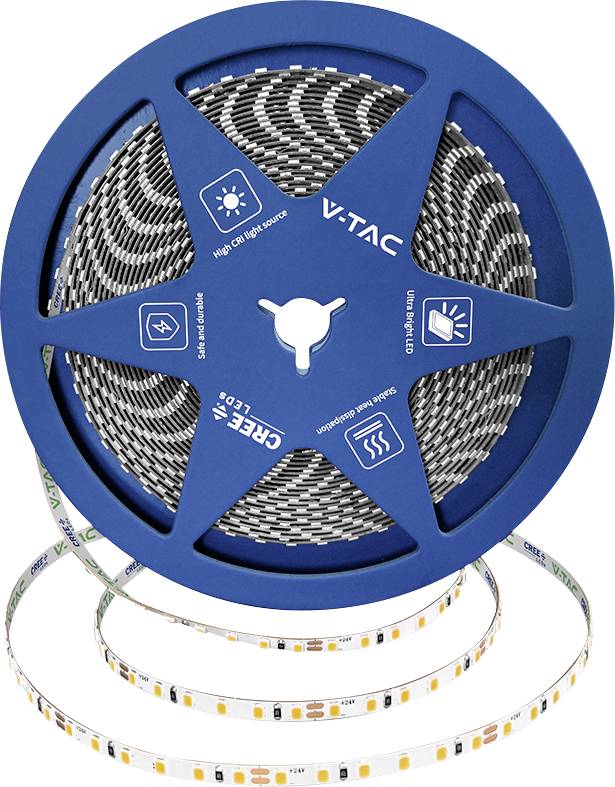 Blauwe V-TAC LED-stripverlichting spoel met zichtbare witte LED-tape en verbindingskabels op een witte achtergrond.