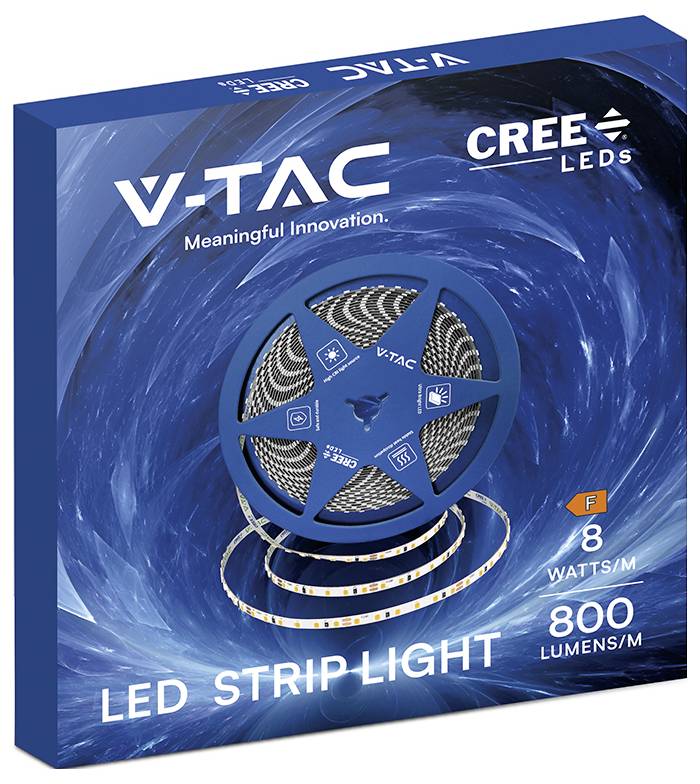 Verpakte V-TAC CREE LEDs LED-stripverlichting verpakking, met een spoel van 5m, 8 watt per meter en 800 lumen per meter.