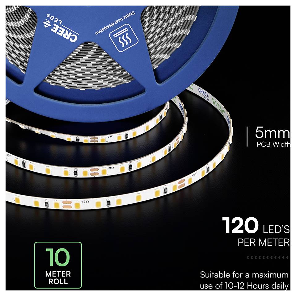 Productafbeelding van een 10-meter LED-striprol, voorzien van 5mm PCB-breedte en 120 LED's per meter, geschikt voor dagelijks gebruik van 10-12 uur.