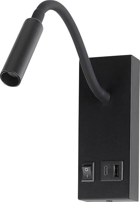 Zwarte aan de muur gemonteerde leeslamp met flexibele zwanenhalsarm, aan/uit-schakelaar en USB-laadpoort.